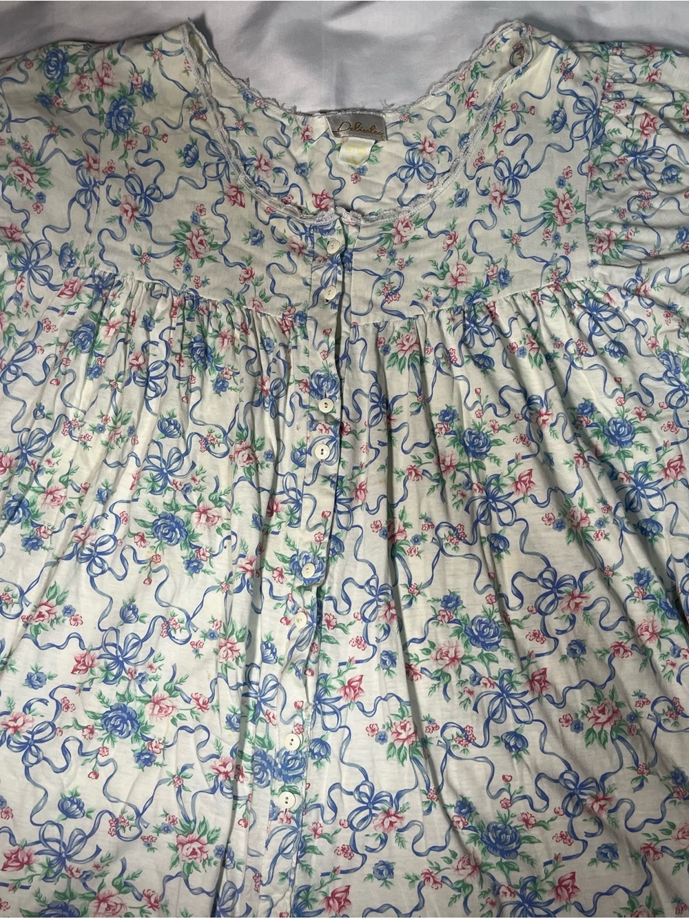 Vintage Delicates Grannycore Nightgown Womens Large Blue Floral Lace Button Up